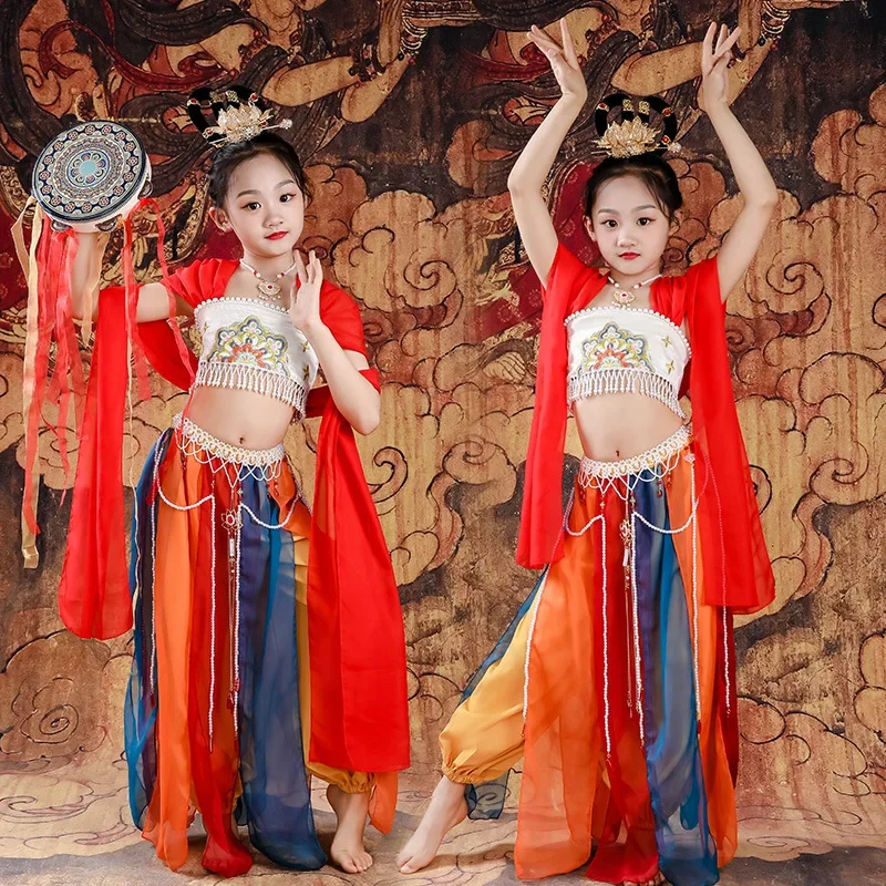 Costumi di danza Dunhuang per bambini Danza classica Abbigliamento per spettacoli etnici Spettacolo di Capodanno Pipa Giocare a Show Dress