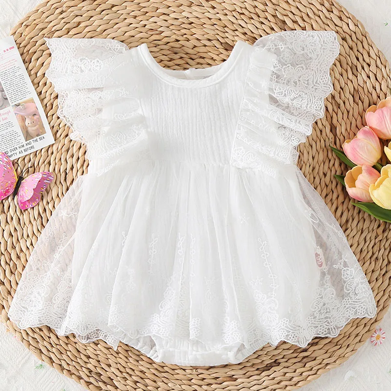 

2025 New Summer Infant Baby Girl Bodysuits Flying Sleeve Cotton Mesh Splicing Toddler Baby Girls Jumpsuit 0-24M Children Clothes