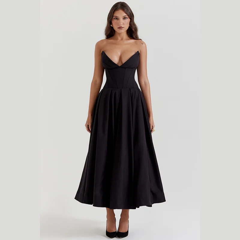 

Autumn New Sexy Strapless Long Dress with Style Fashionable Pointed Fishbone Waistband A-line Dress for Women