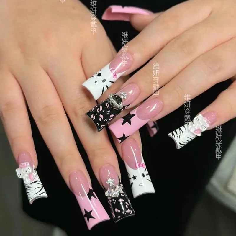 Hello Kitty Y2K Nail Stickers Anime Sanrio Series Removable Fake Nails Kawaii Cartoon Long Tips for Nail Patch Manicure Gift