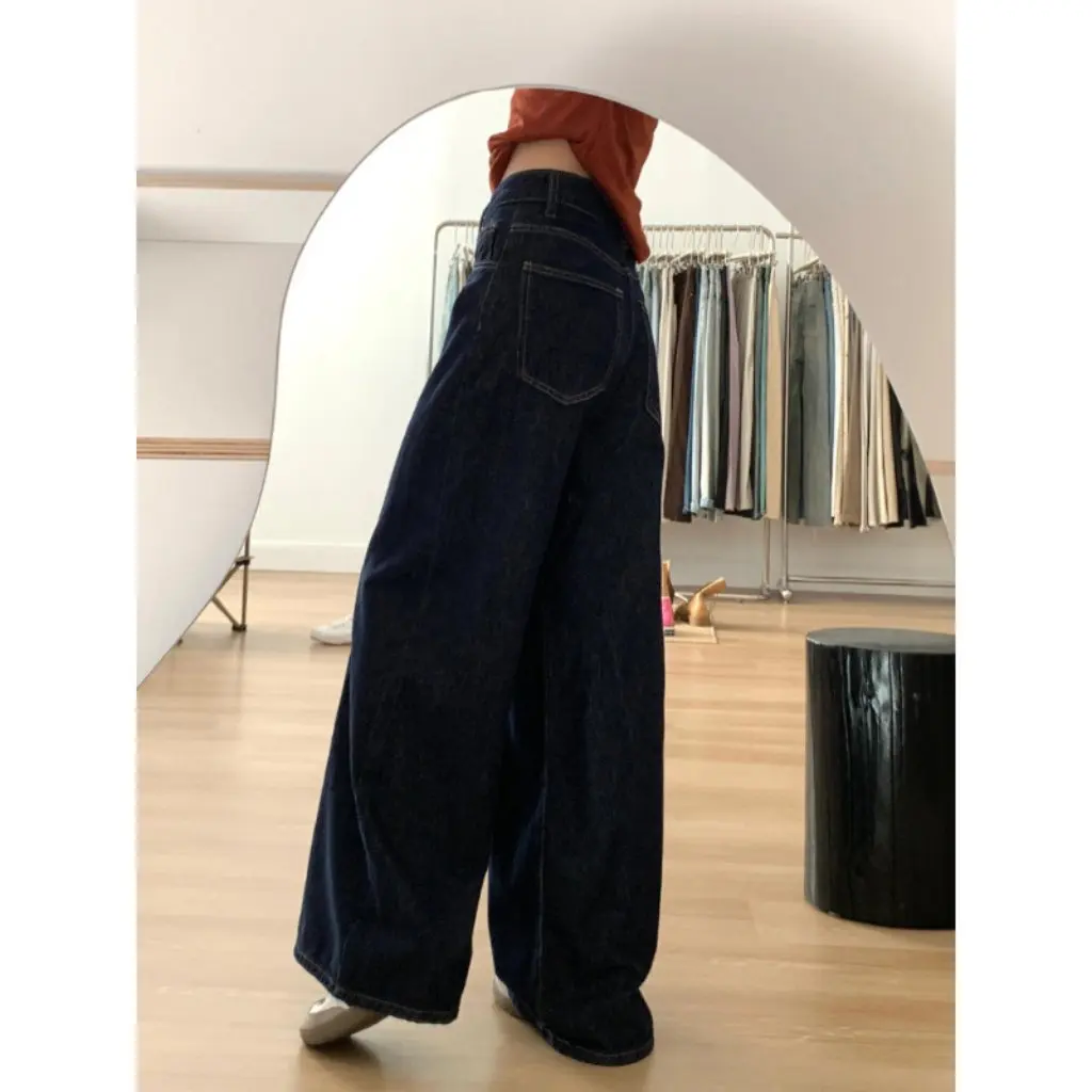 

Retro Blue Wide Leg Jeans for Pear-Shaped Women High Waist Loose Slim-fit Mopping Pants for Chubby Girls Autumn Winter New