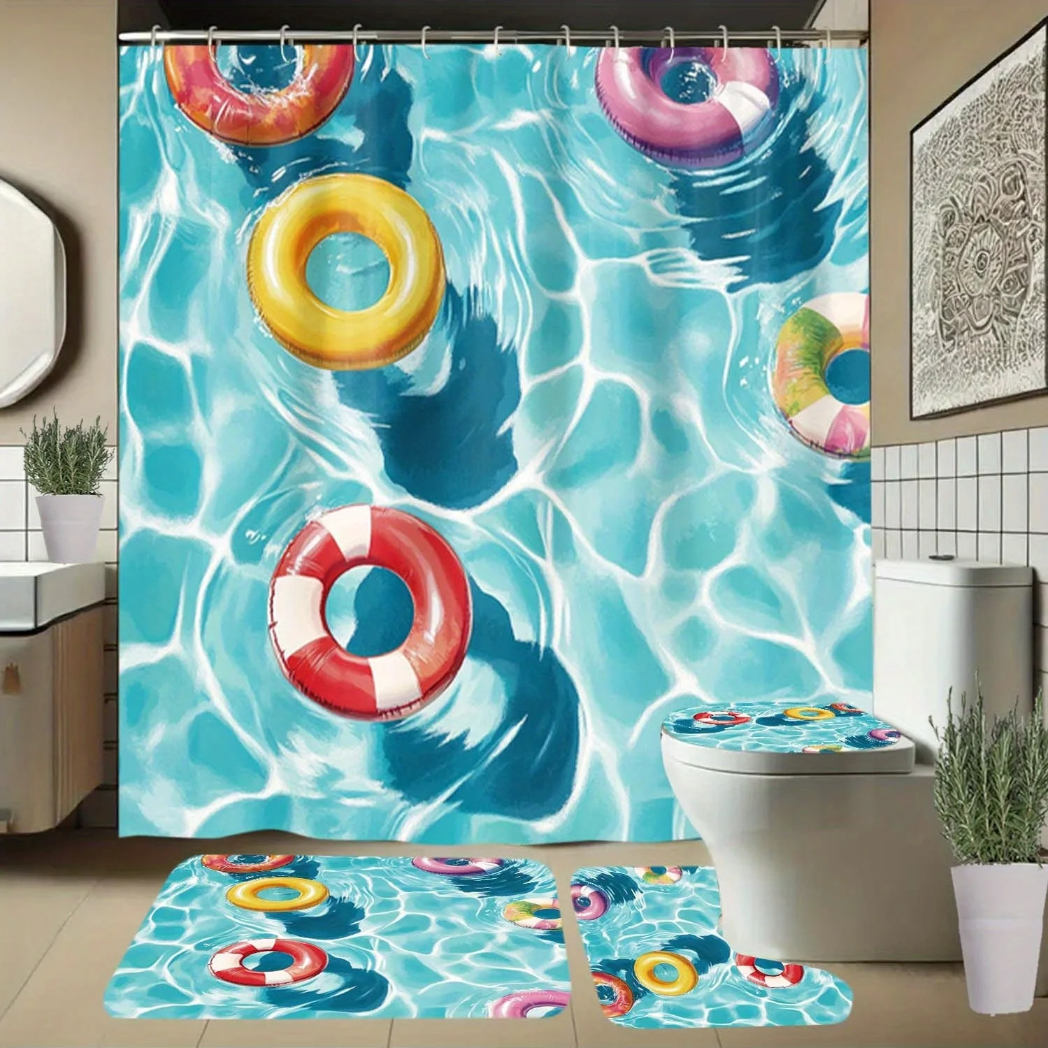 

4 шт. кольцо для плавания, водяная волна, занавеска для душа с синим узором и крючками, занавеска для перегородки в ванной комнате, аксессуары для ванной комнаты,