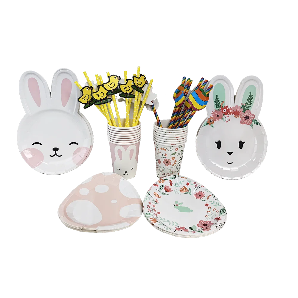 Easter Bunny Egg Rabbit Ear Shape Paper Plates Cups Boxes Happy Easter Party Tableware Birthday Party Baby Shower Decor Supplies