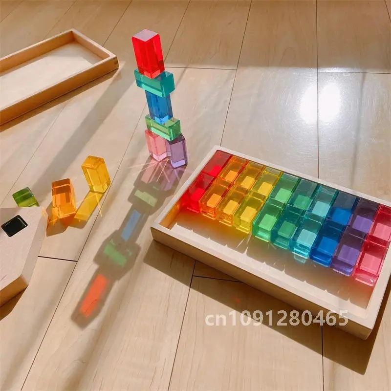 Regenboog Acryl Gem Cubes Stapelblokken Doorschijnend Gem Speelgoed Zintuiglijke Training Speelgoed Montessori Leren Kleur Speelgoed voor Kinderen