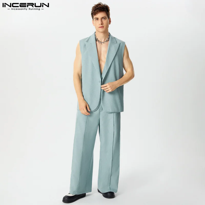 INCERUN Men Blazer Suit Notch Collar Sleeveless One Button Double Layer Blazer Vests And Solid Color Long Pants 2Pcs Pantsuit