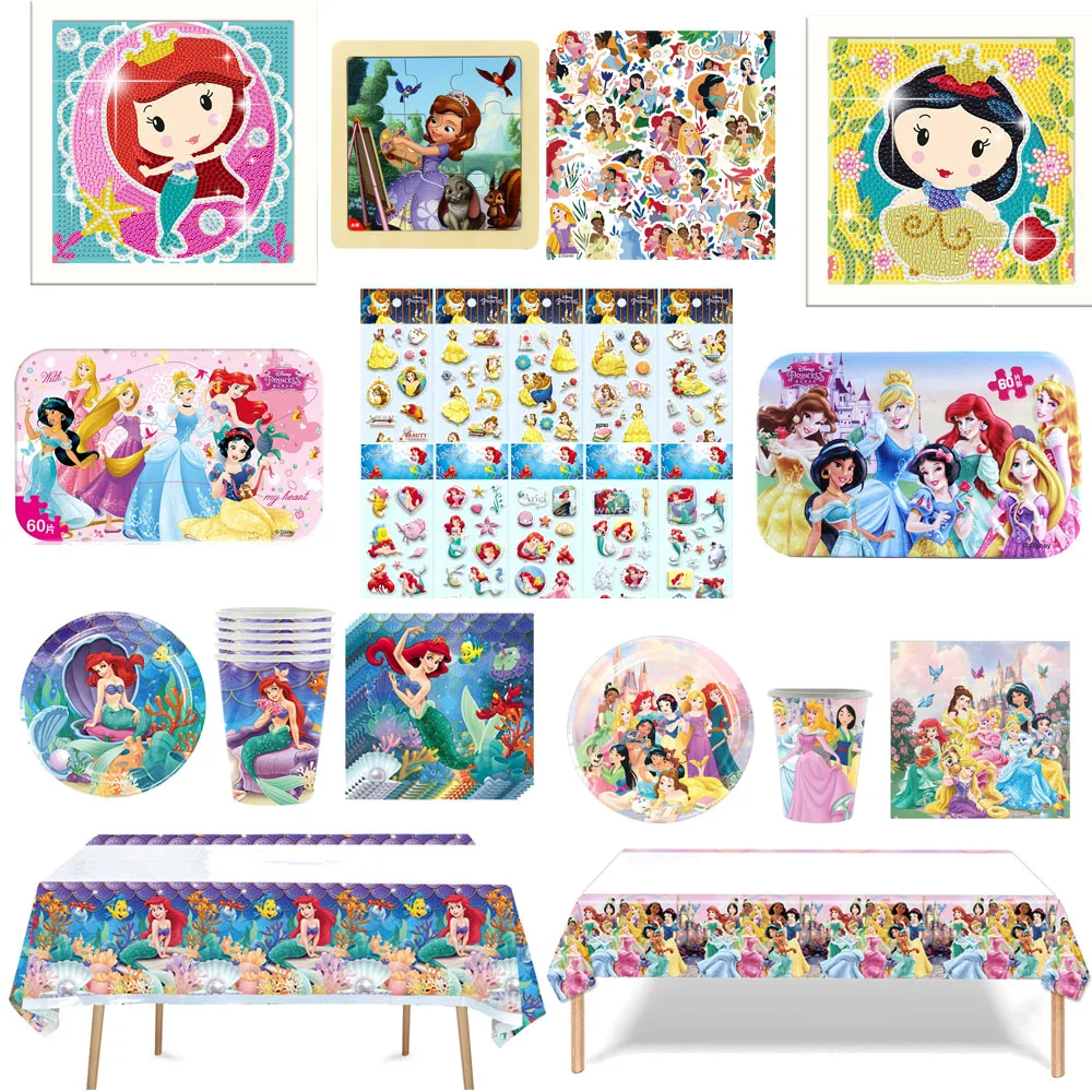 Disney Mermaid Ariel and Princess Birthday Party Decoration Tableware Diamond Drawing Puzzle Gifts for boys Girls Birthday Party