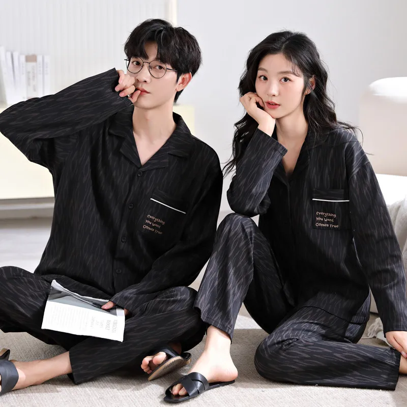 2024 New Long Sleeve Cotton Couple Pajamas Set Women's Spring Autumn Korean Style Sleepwear Cardigan Home Clothes For Men 4XL