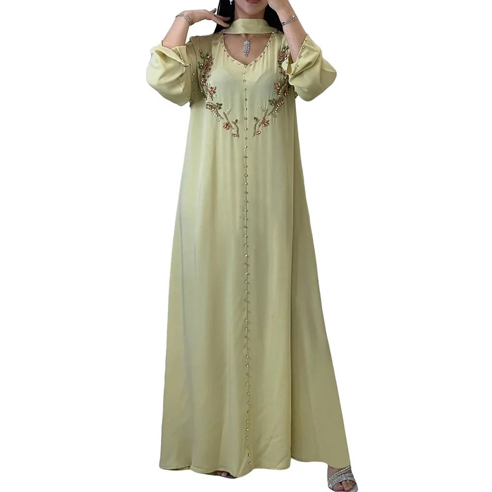 Teal Muslim Abaya with Stand Collar and Exquisite Floral Embroidery Ideal for Islamic Festivities and Ramadan Celebrations 5