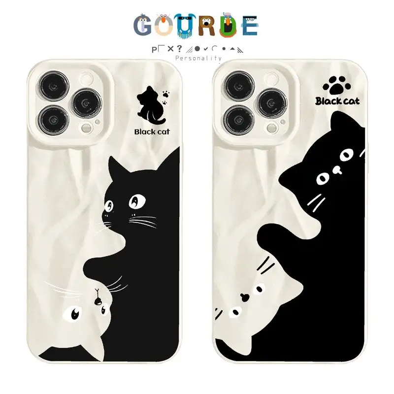 

Gourde Funny Cute White Black Cats Couple Pattern Phone Case for Iphone 15 14 12 13 11 Pro Max IP 7 8 Plus Iphon X XS XR Xs Max