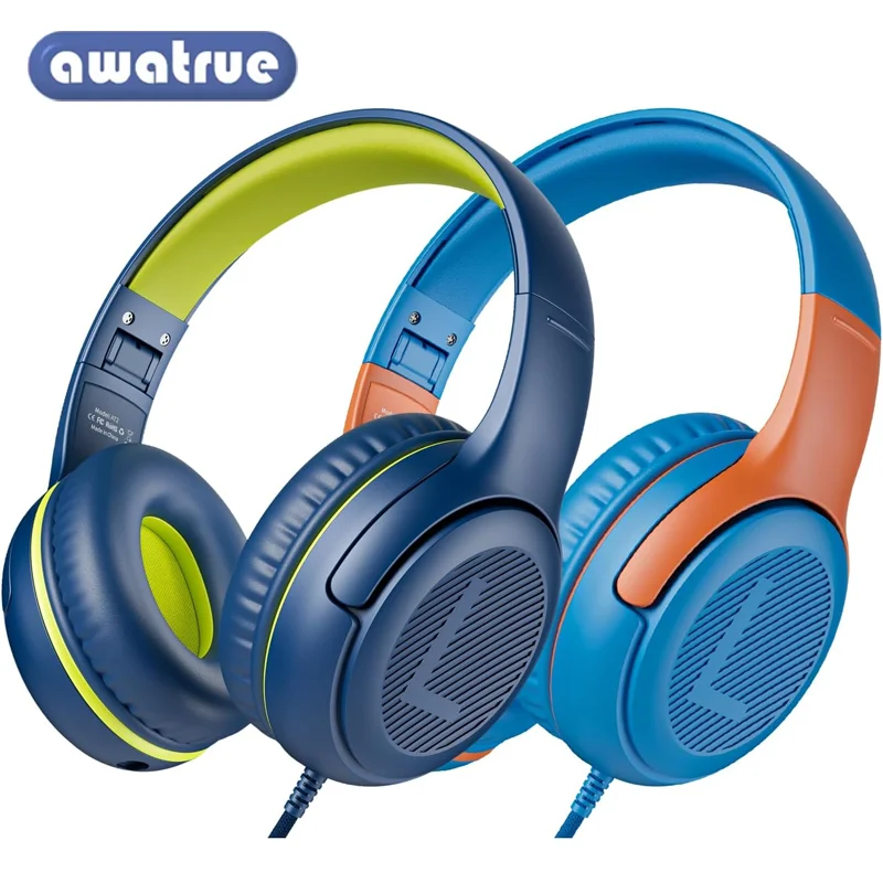 1/2/3Pcs Awatrue AT2 Kids Wired Headphones with Mic 3.5mm Jack Adjustable Foldable Stereo Sound Headsets for Girls Boys Children