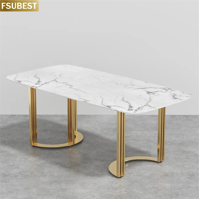 FSUBEST Free Shipping Luxury White Marble Dining Table With 4 Chairs Set Stainless Steel Gold Frame Home Furniture Moveis Casa