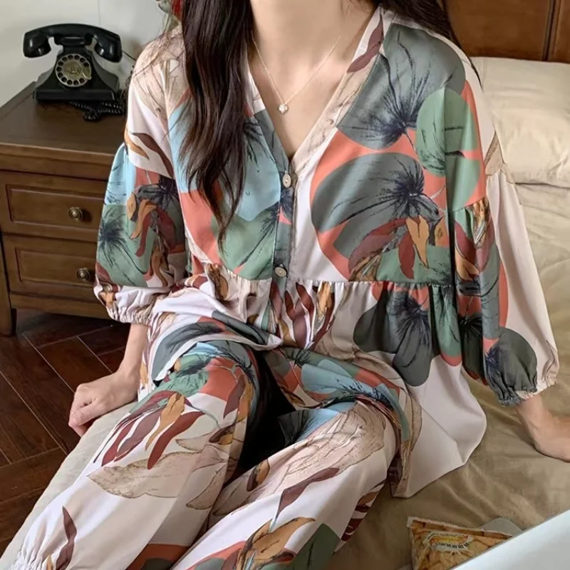 Baggy Pajama Sets Women Casual Chic Spring Vintage Printed Home Lounge Wear Lady Sleep Breathable Stylish Korean Fashion 2023