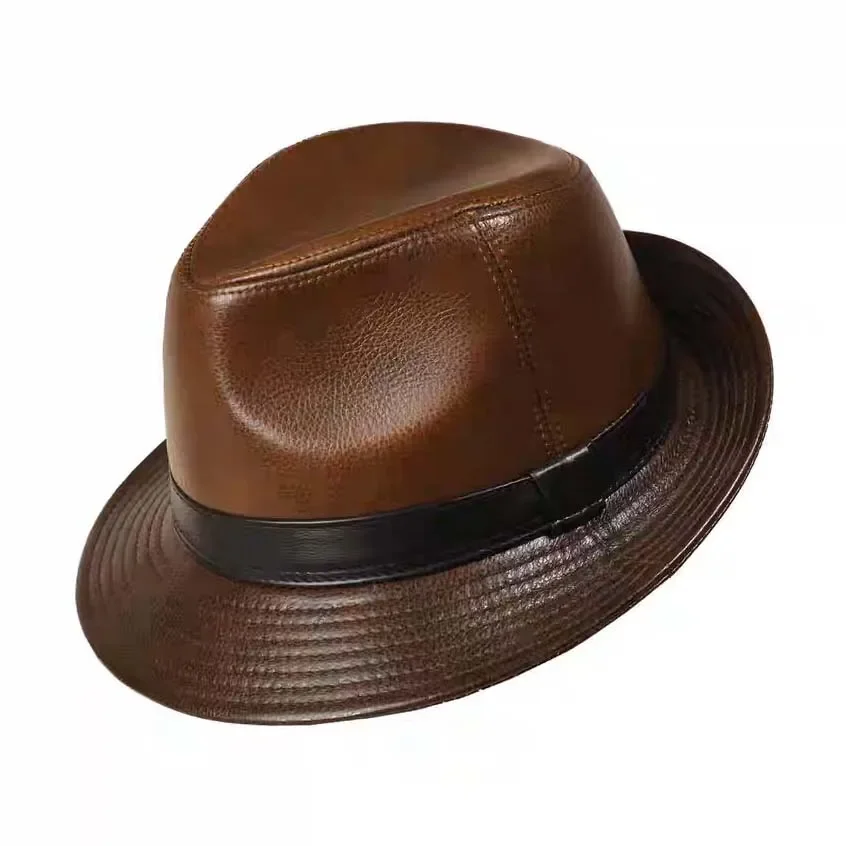 Man High Quality Genuine Leather Jazz Fedora Gentleman Cowhide Short Brim Black/Brown Top Hat Male Shows Topper Color Blocking