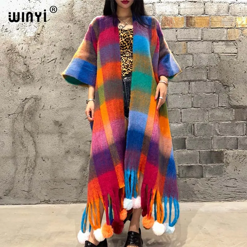 WINYI-poncho largo a cuadros para mujer, abrigo grueso y cálido, cárdigan con bola colgante, de alta calidad, para invierno