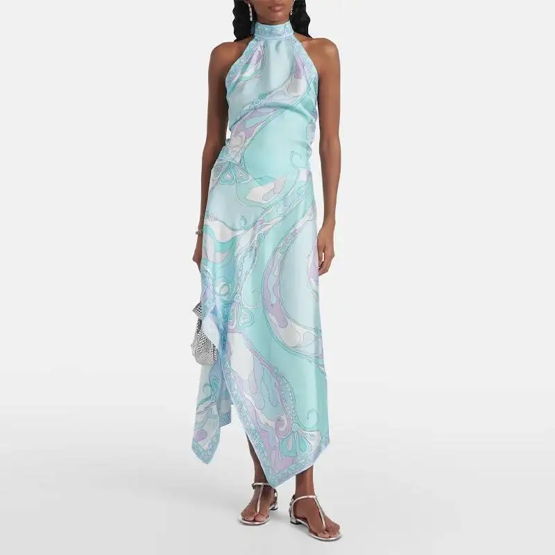 

Sexy Printed Halter Top Irregular Skirt Set Women Fashionable Sleeveless Backless Shirt High Waist Skirts Suit Lady Chic Casual