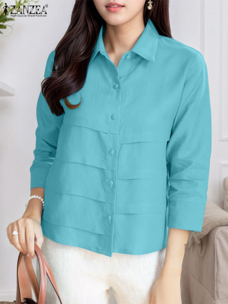 

Fashion Blouse ZANZEA Summer Women Shirts 2025 Casual Solid Color Elegant OL Tunic Top Loose 3/4 Sleeve Pleated Blusas Femininas