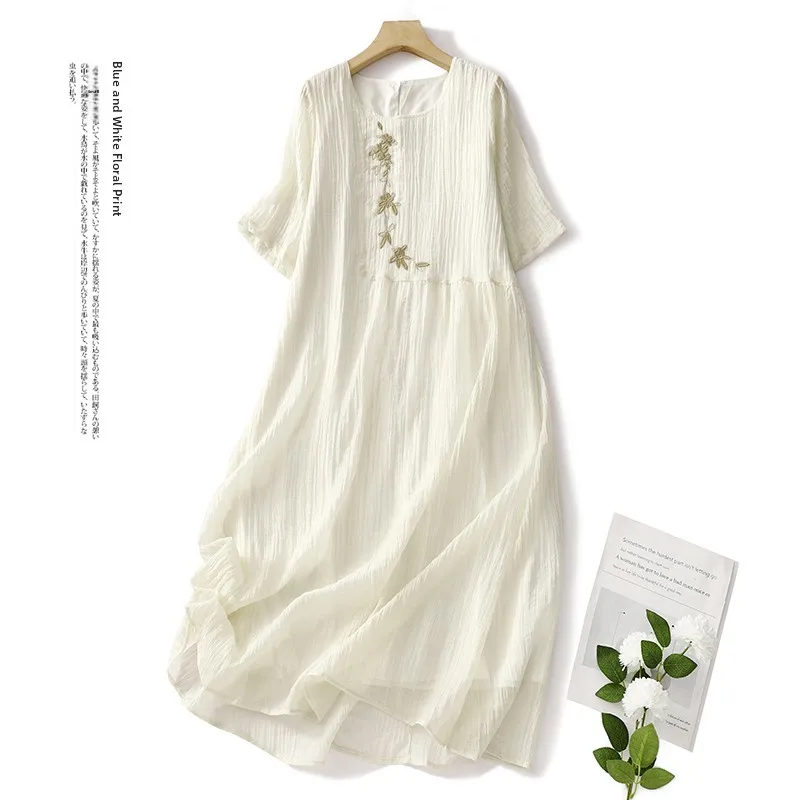 Vestido Midi E de Linho Artístico Retro com Decote Redondo Bordado em Camadas Duplas Novo Estilo de Verão