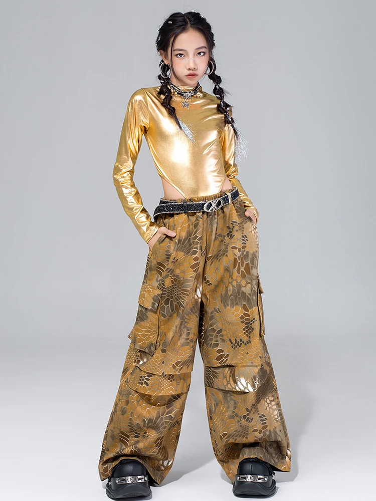 2025 roupa de jazz meninas kpop palco mostrar traje ouro dança desempenho outfit hip hop roupas de dança de rua criança moda calças 4588