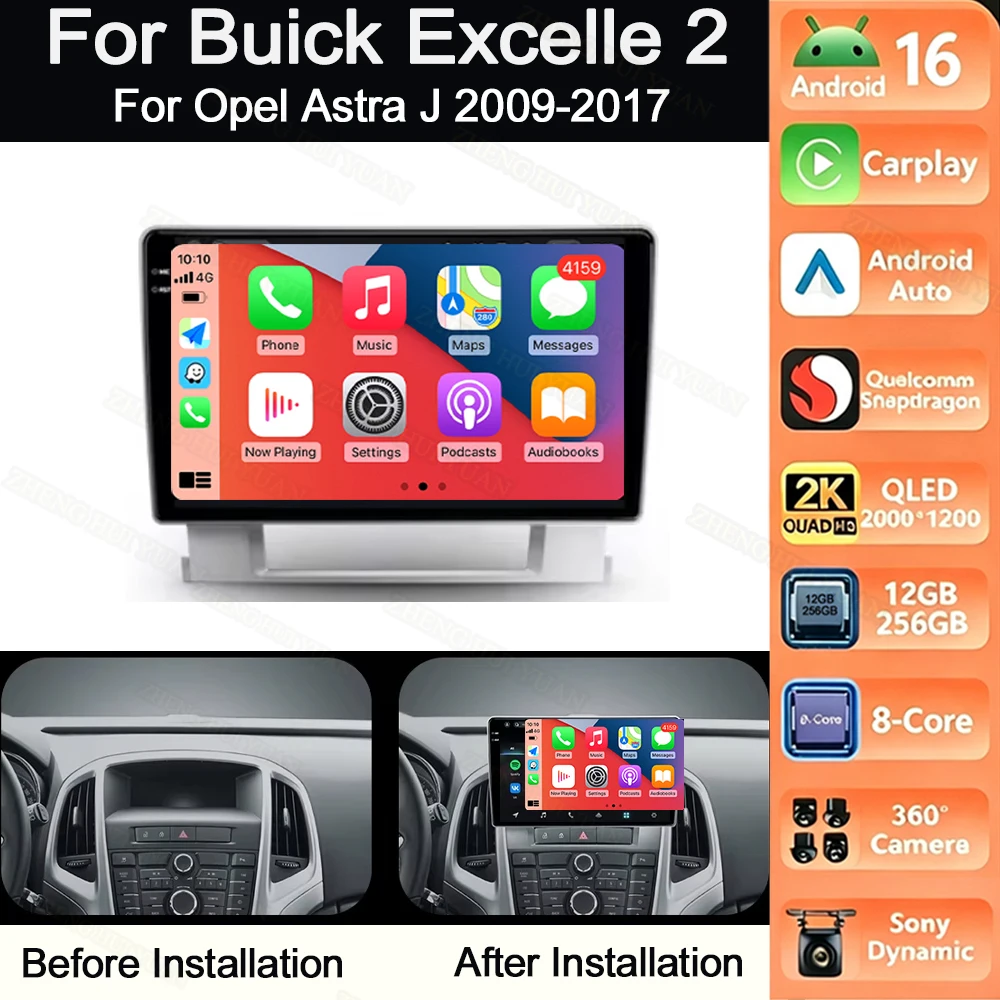 Android 16 For Buick Excelle 2 2009 - 2015 For Opel Astra J 2009-2017 Car Radio Stereo GPS Navigation Multimedia Player CarPlay