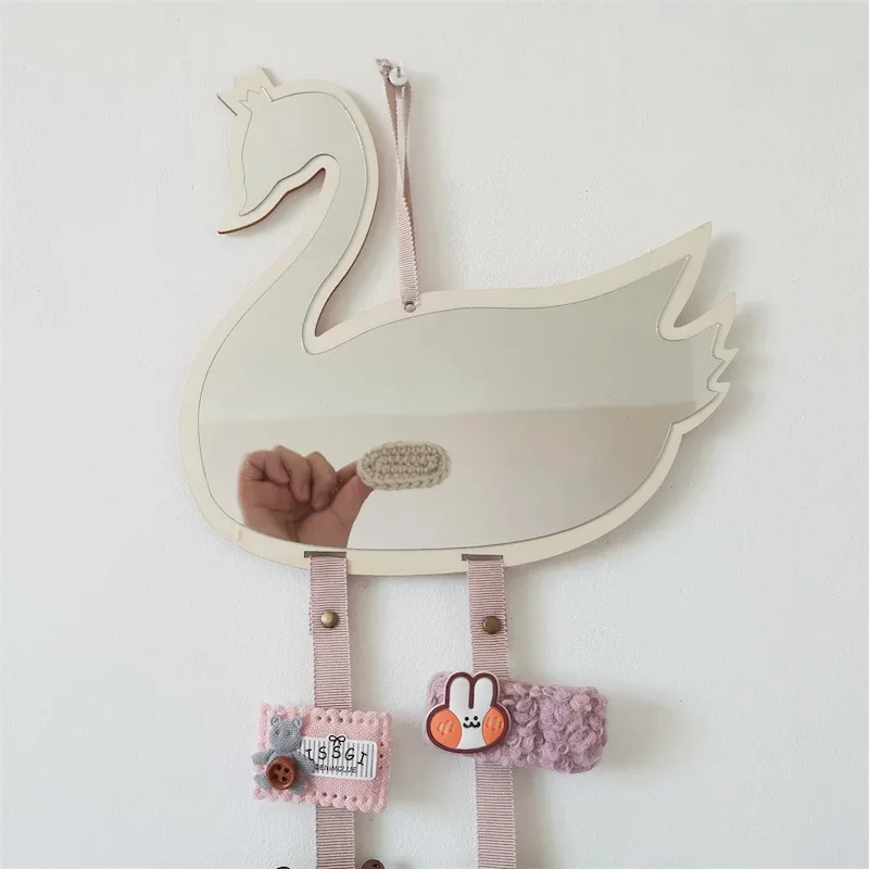 INS Nordic Wooden Girl Hair Clips Holder Wall Hanging Swan Bowknot Shape Mirror Hairpins Storage Organizer Baby Girls Room Decor