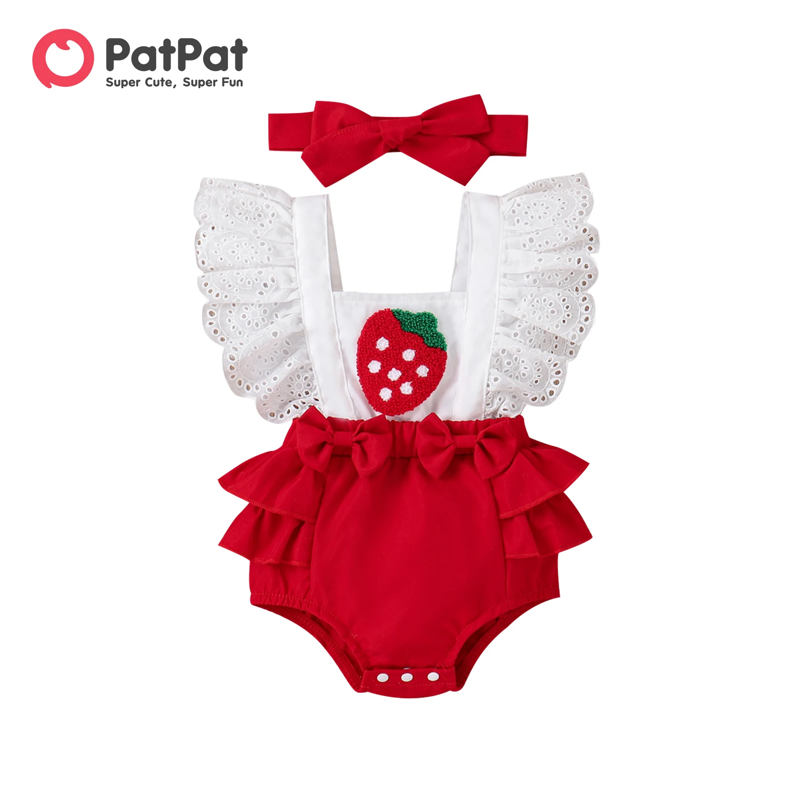 PatPat 2pcs Baby Girl Strawberry Embroidered Bow Front Ruffled Spliced Romper & Headband Set