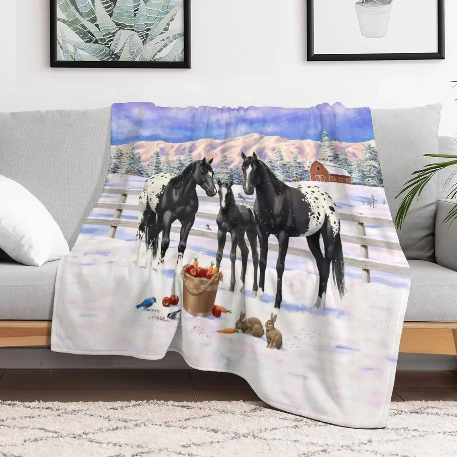 Black Appaloosa Horses In Snow Throw Blanket Bed covers Loose Blankets Sofas Of Decoration Blankets