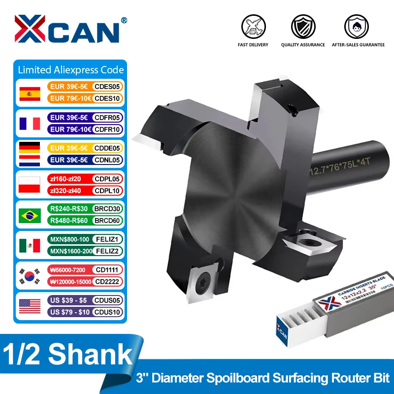 XCAN Milling Cutter 1/2 Shank Wood Planer Router Bit with 12x12mm Carbide Insert Slab Wood CNC Spoilboard Surfacing Router Bit