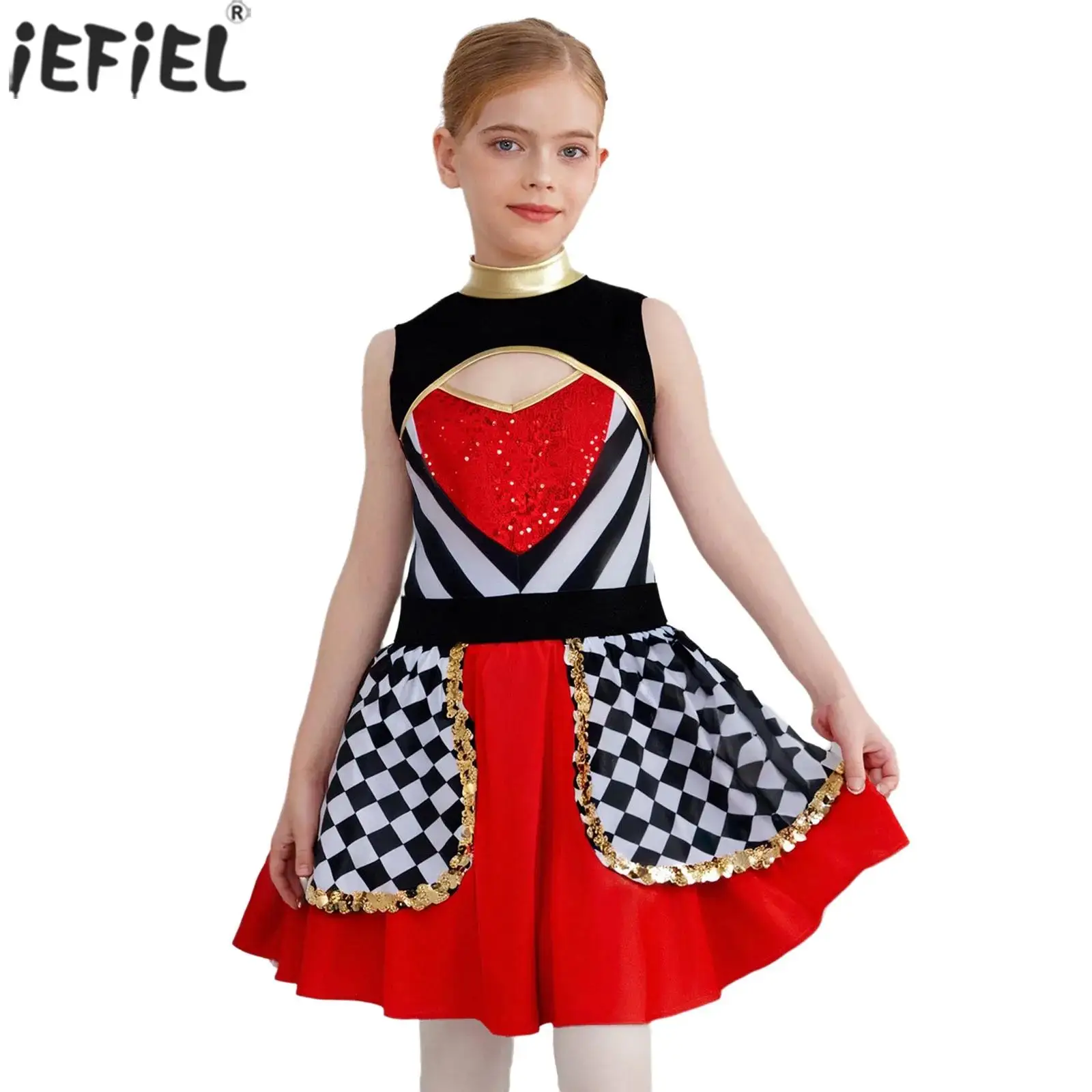 Kids Girls Wonderland Queen Costume Halloween Carnival Theme Party Circus Ringmaster Dress Up Shiny Sequins Striped Plaid Dress