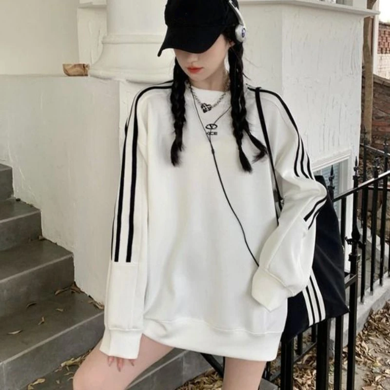 Vintage Oversized Women Sweatshirts Striped Y2k American Streetwear Round Neck Long Sleeved Pullover Female Hip Hop Fashion Tops