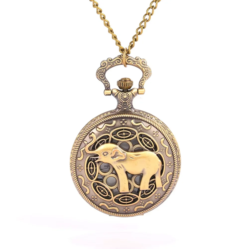 8828  Elephant bronze pattern carved hollow personality exquisite gift white face Roman lettering large flip pocket watch