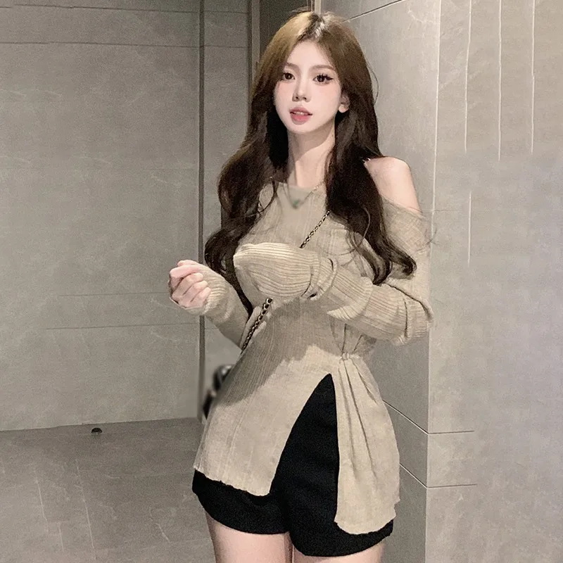 Autumn Winter Women\'s Knitwear Design Sense Tight Waist Elegant Off-Shoulder Top Base Shirt Long Sleeve Solid All-Match Blouse