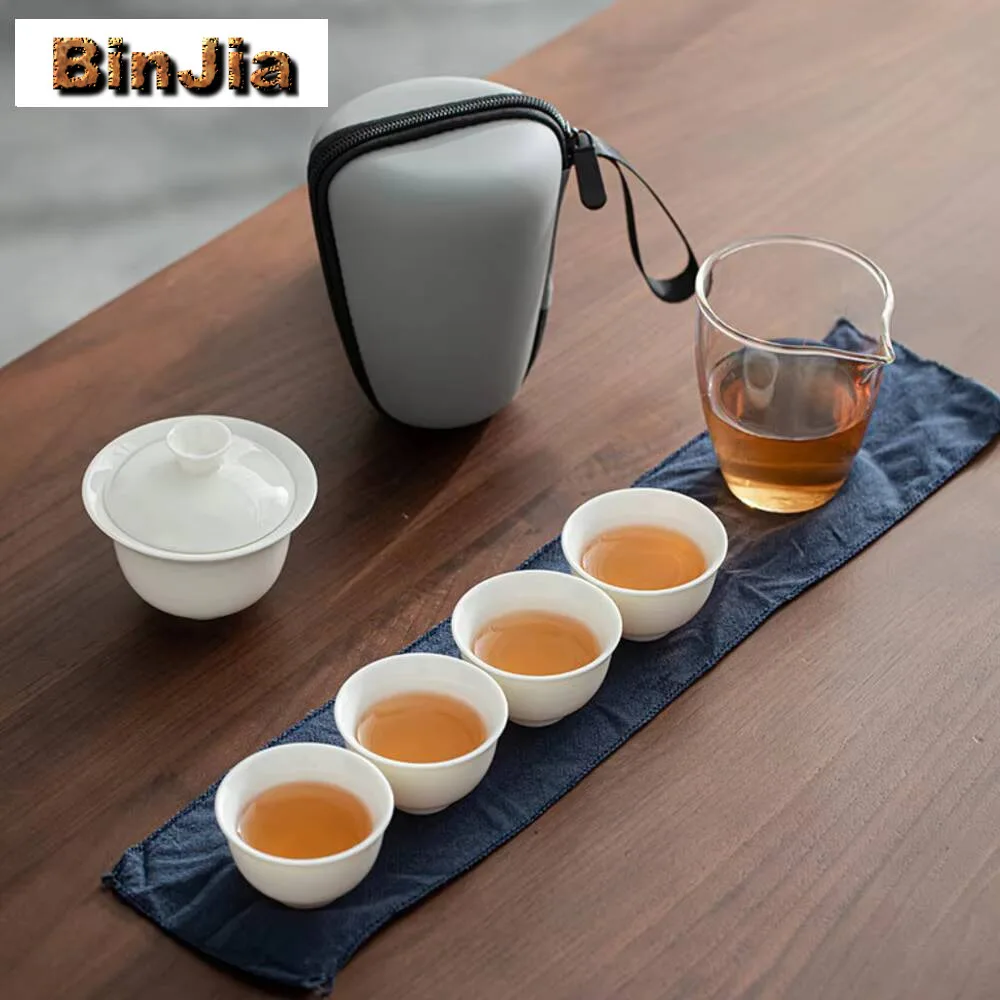 

Dehua Sheep Fat Jade White Porcelain Tea Set Kit Antique 1 Pot 4 Cups Maker Portable Organizer Bag Ceremony Accessories supplies