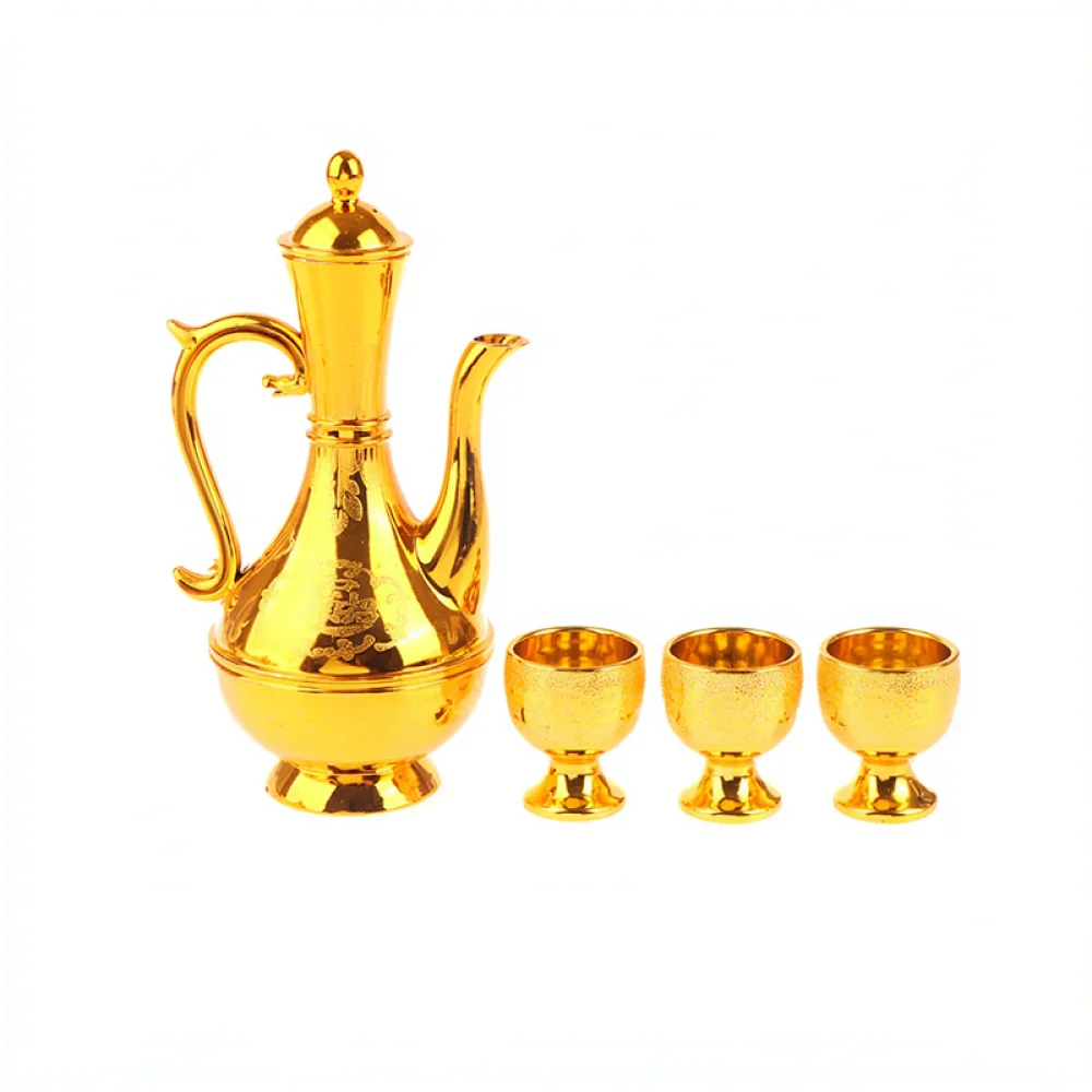Decorative Plastic Gold Sand Dining Set Offering Tray Wine Kettle Tea Cup Bowl Home Tabletop Ritual Celebration Tableware
