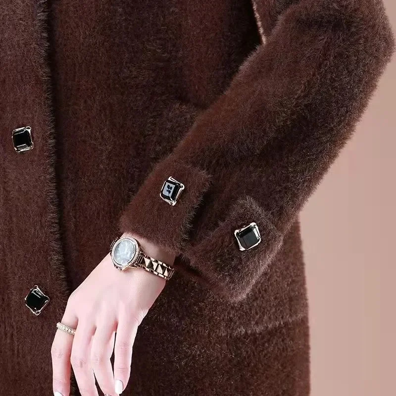 Manteau en velours Imitation vison pour mère âgée d'âge moyen, Cardigan épais et chaud, pull pour femme, veste tricotée douce, automne hiver