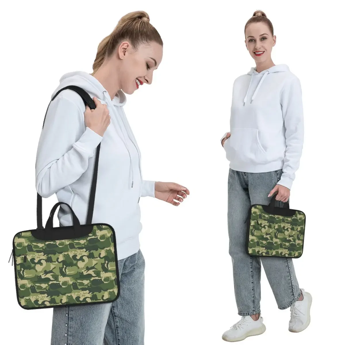 Camouflage Pattern With Cats Green Cat Camo Crossbody Laptop Bag Case Computer Bag 13 14 15.6 Inch Notebook Pouch Macbook Pro