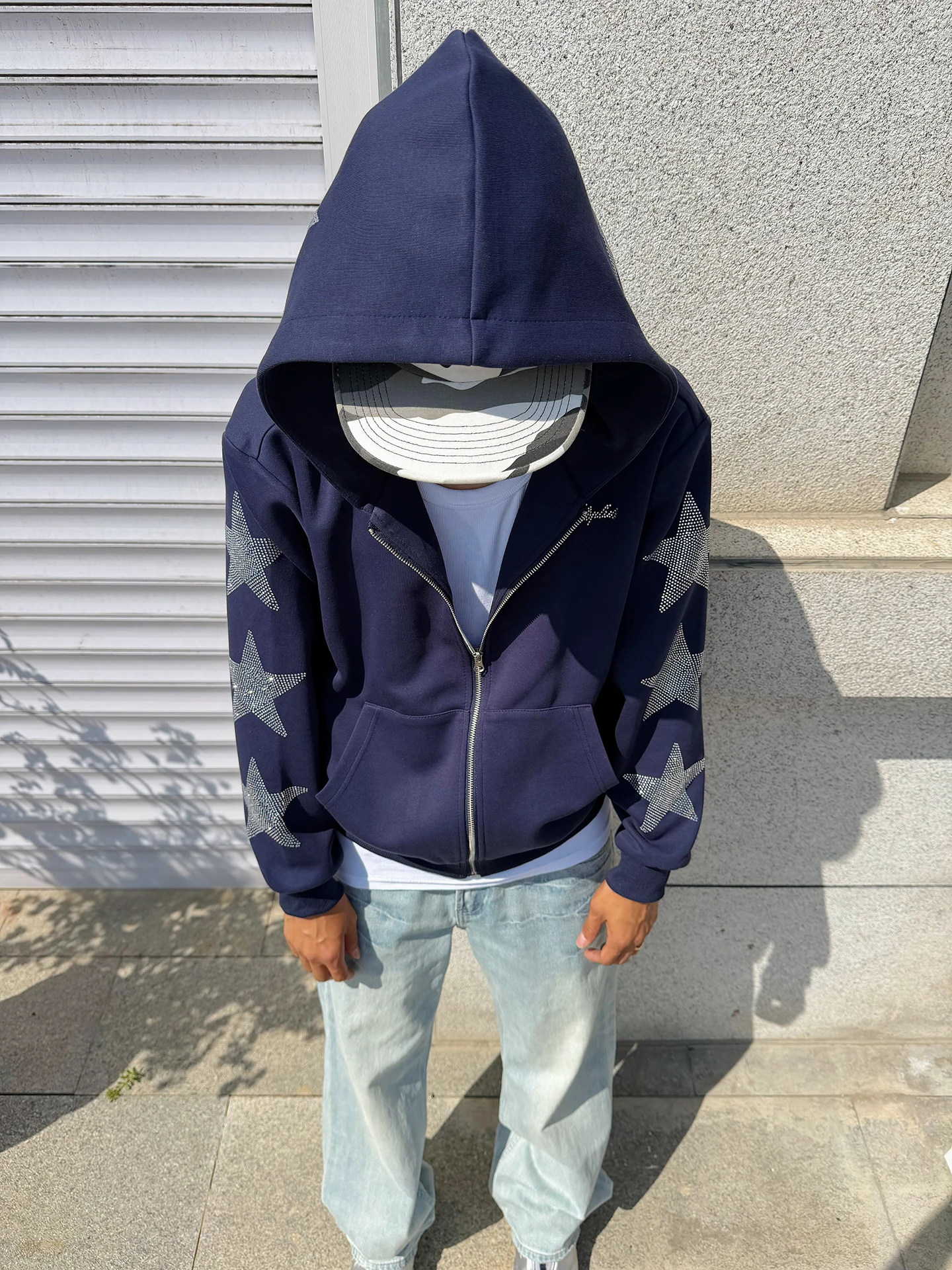 BurnBro American Style Street Short Hoodie Sweatshirt Unisex Vintage Loose Casual Open Cardigan Jacket with Rhinestones Stars