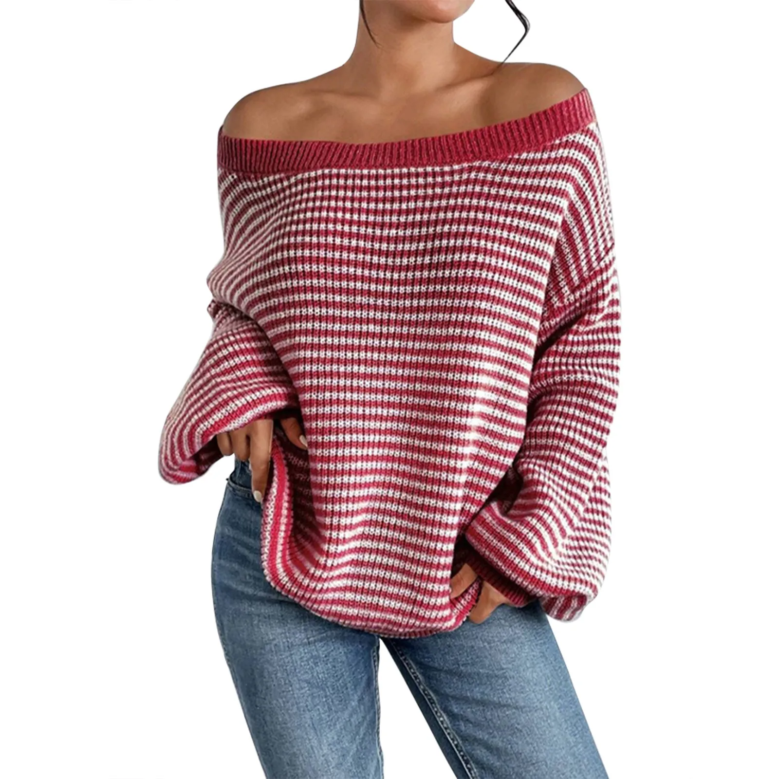 

Women's Autumn Knit Striped Long Sleeve Sweater Off Shoulder Ripped Pullover Top Korean Style Streetwear Sexy Loose Lazy Tops