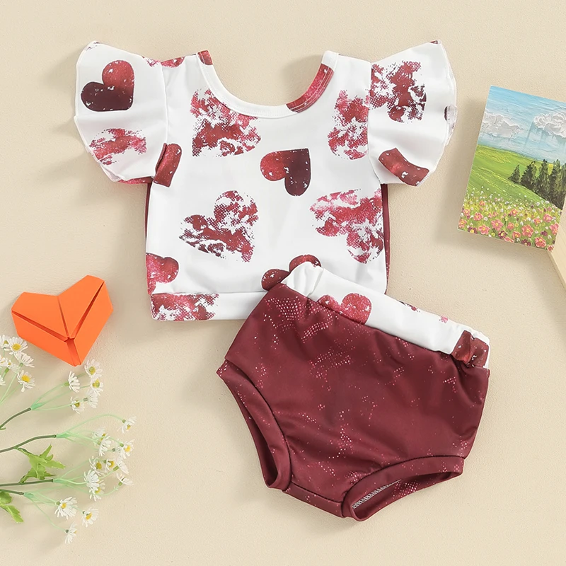 

SUNSIOM Baby Girls Summer Clothes 2pcs Valentine's Day Outfit Flying Sleeve Heart Print Tops Red PP Shorts Sets