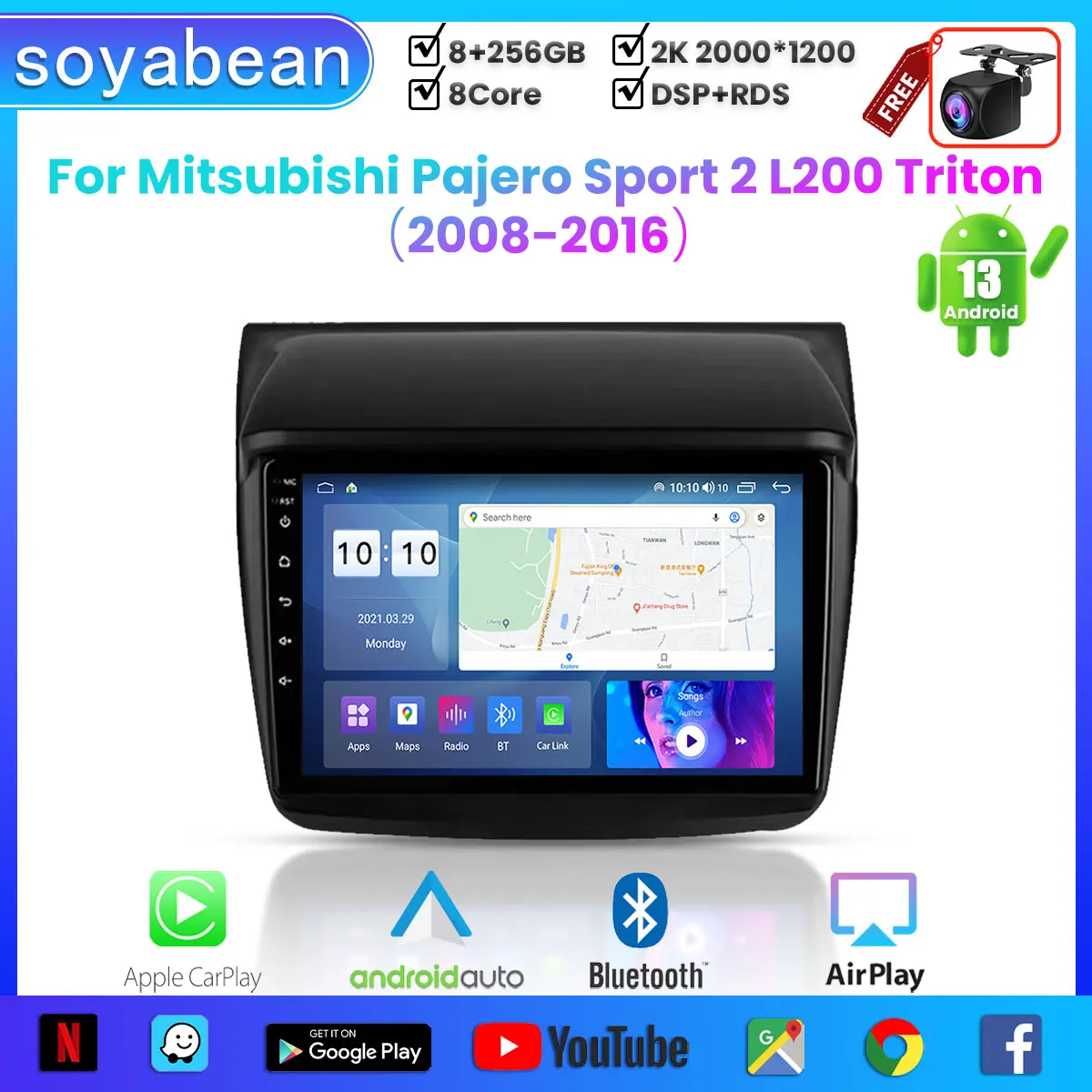 

Автомобильный радиоприемник Android 13 для Mitsubishi Pajero Sport 2 L200 Triton 2008-2016, 9 дюймов 2K мультимедийный плеер с 4G Car Carplay & 2D