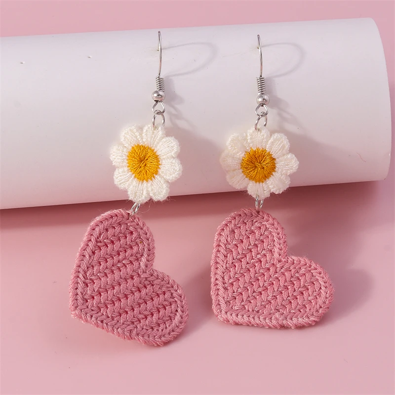 Fashion Handmade Knitted Love Heart Drop Earrings for Women Cute Flower Dangle Hooks Earrings Girls Party Holiday Jewelry Gifts