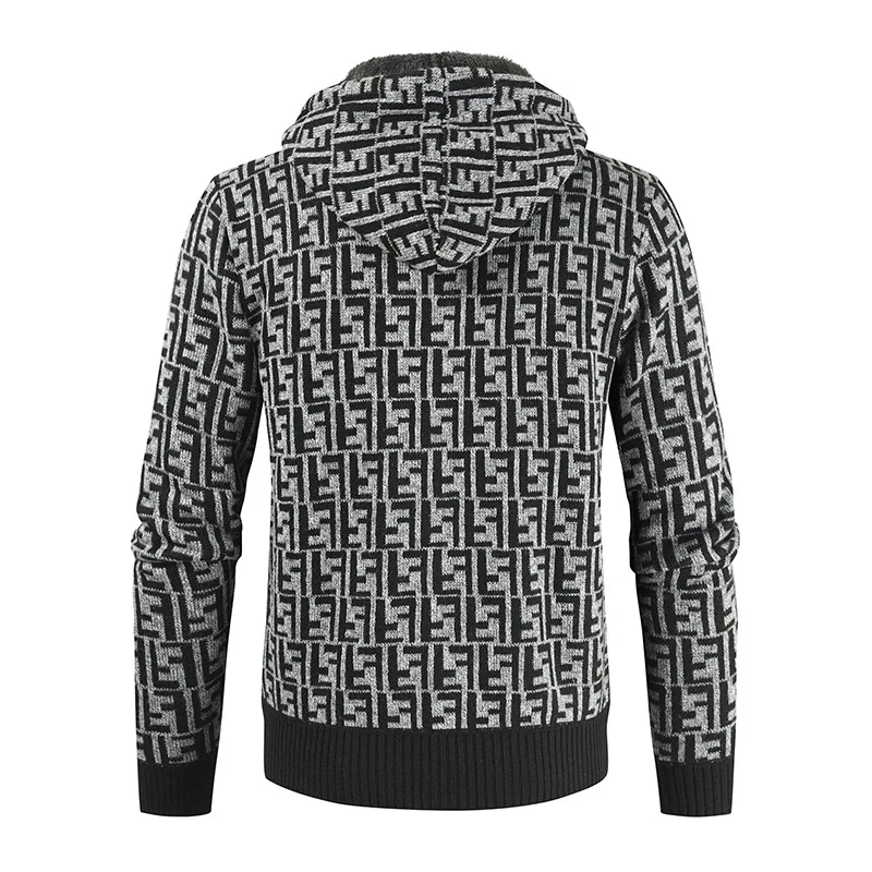 Men\'s Winter Striped Sweatercoat Thick Fleece Warm Jacket Zipper Wool Hooded Cardigan Jumpers Male Long Sleeve Knitted Jacket