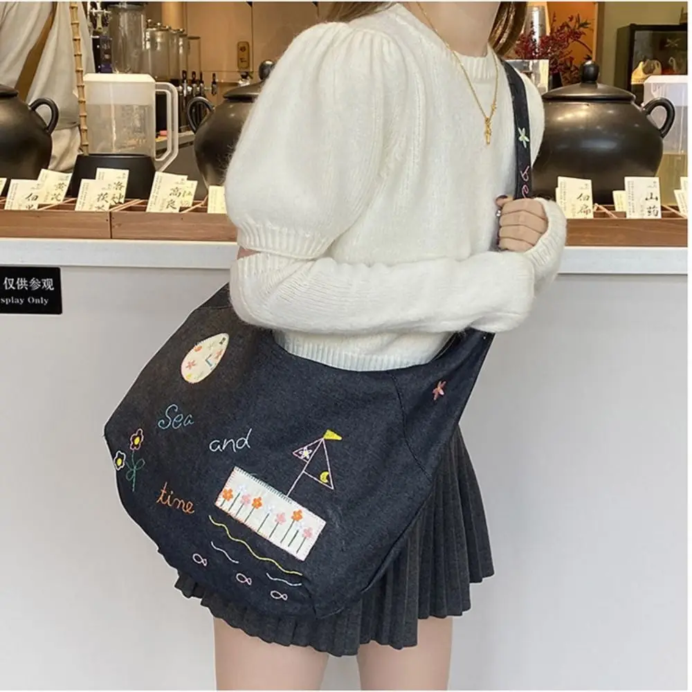 

Vintage Cloth Denim Canvas Bag Korean Style Retro Cartoon Pattern Shoulder Bag Large Capacity Handbag Embroidery Tote Bag Women