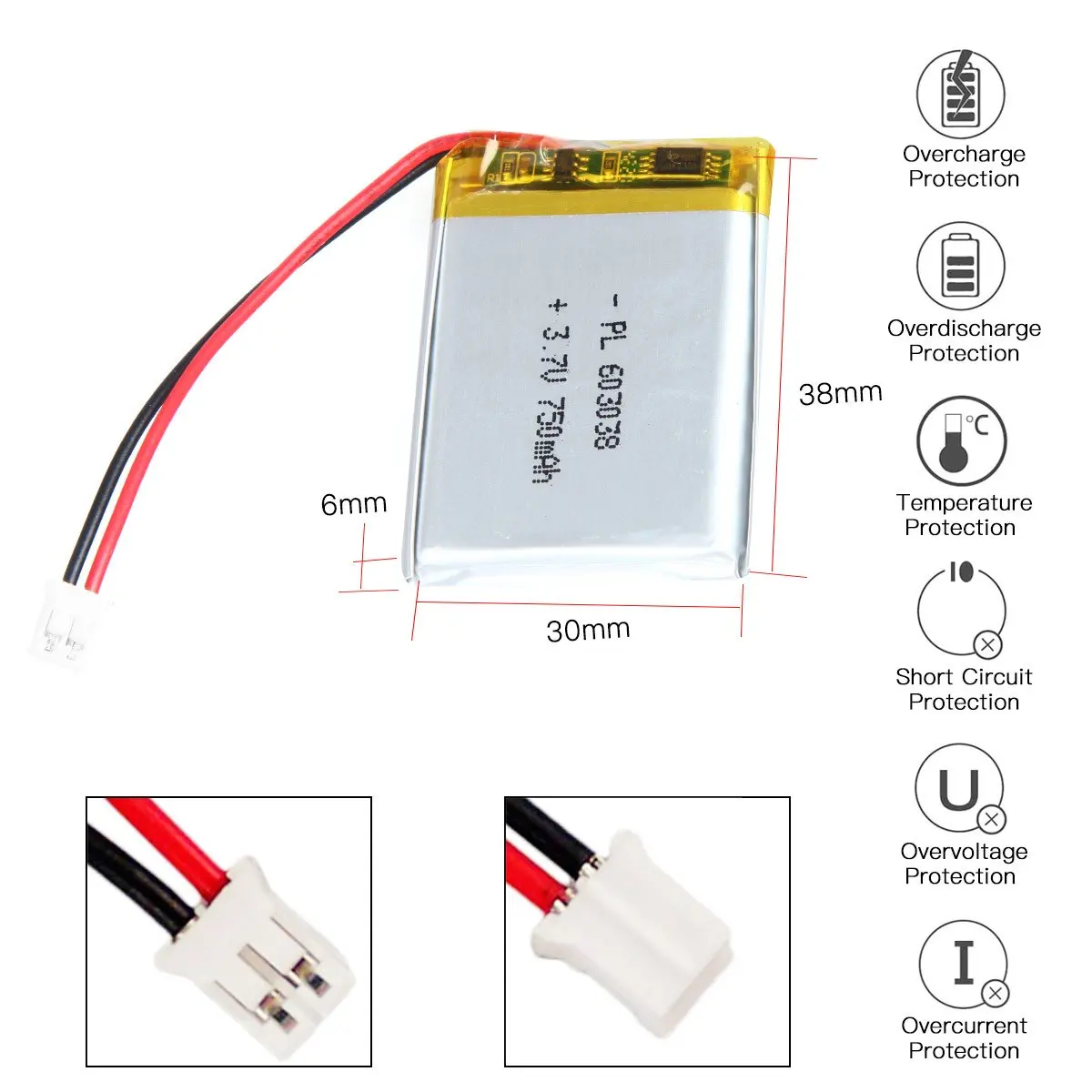 603038 충전식 리포 배터리, 길이 40mm, 3.7V, 750mAh