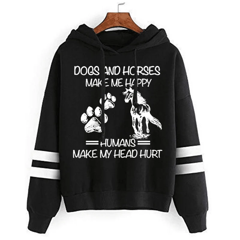 

Harajuku Fashion Hoody Graphic Printing Dog and Horse Make Me Happy Long Sleeves Women Casual Hoodies Autumn Loose Hooded Female