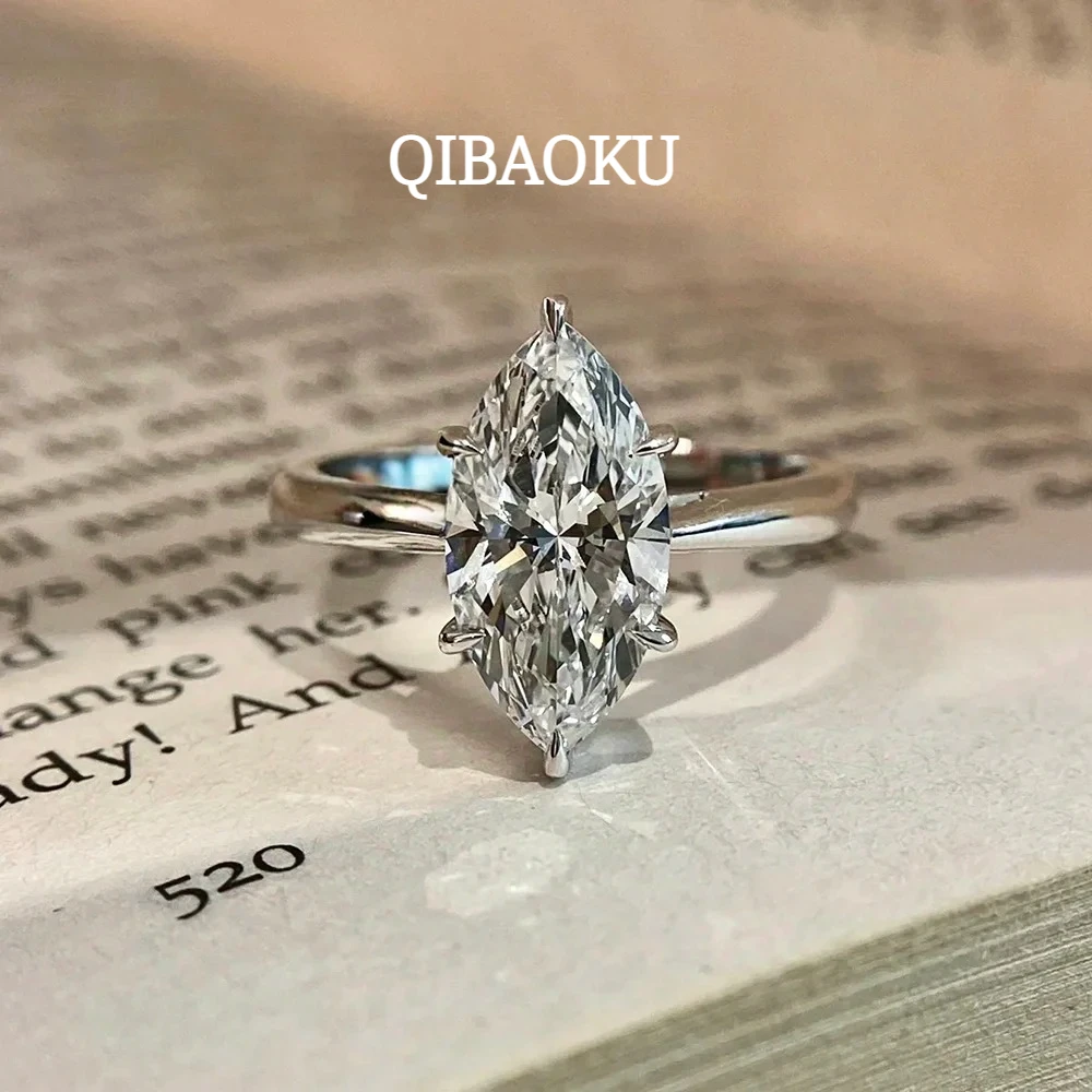 QIBAOKU 1/2CT Marquise Cut Moissanite Ring 925 Sterling Silver for Women Solitaire Wedding Band Gifts Jewelry GRA Certificate