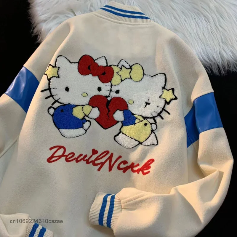 Sanrio Hello Kitty Winter Plush Embroidered Baseball Uniform Y2k College Style Couple Warm Coat Student Loose Versatile Jacket