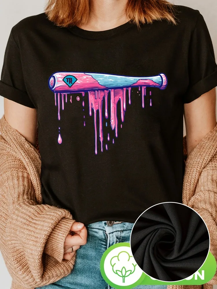 

Women's Cotton Crew Neck T-Shirt with Dripping Baseball Bat Print Casual T-Shirt for All Seasons Women's Fashion Top