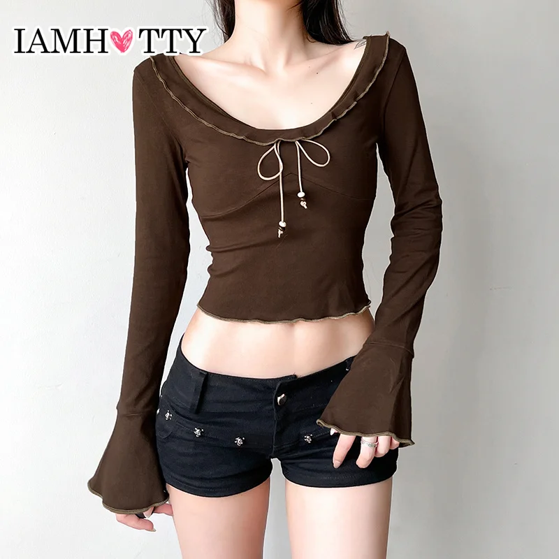 

IAMHOTTY Reverse Thread Stitching Cropped Top Women Flared Long Sleeve T-shirts Ruffle Tie-up Beaded Bow Tops Grunge Streetwear