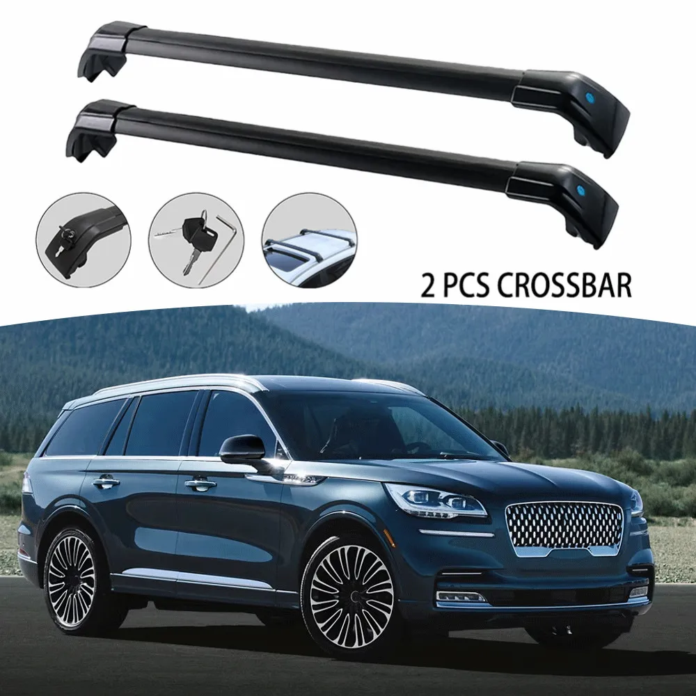 2PCS Cross Bar Ajustable Fits For Lincoln Aviator 2020-2024 Roof Rail Rack Lockable  Black Cargo Bars