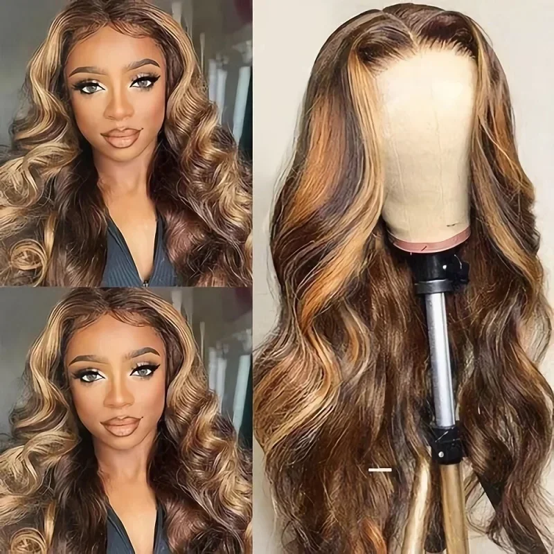 New Wave Lace Front Wig, Front Lace Wig, Brown with Honey Roll Women's Wig, Party Wig, Daily Wearing Wig